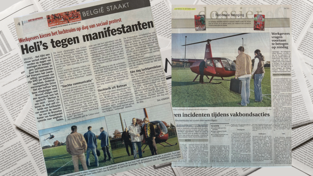 Krantenartikels over Jan Tormans die helicopters inzet om stankingsposten te omzeilen. 